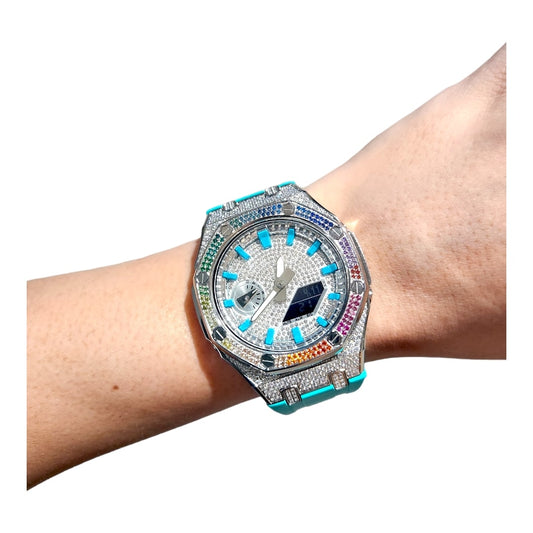 Exclusive g-oak custom in rainbow diamond on tiffany blue strap style